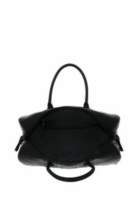 Borsa a mano in pelle nera con texture liscia, apertura ampia, doppio manico e tasca interna con cerniera. Non presenta motivi visibili né elementi in metallo.