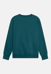 Sudadera de color verde azulado oscuro con cuello redondo y mangas largas. Presenta puños y dobladillo de canalé. Textura suave, sin patrones o acentos visibles.