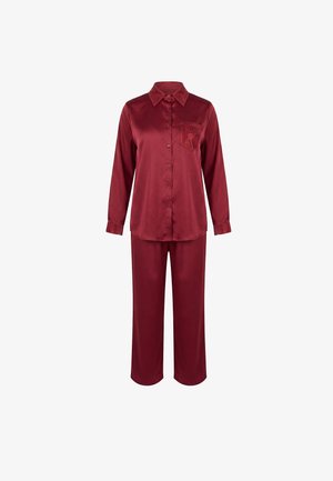 Tiefrotes Satin-Knopf-Langarm-Pyjamaoberteil mit passenden lockeren Hosen, mit strukturiertem Kragen, Manschetten und Brusttasche.