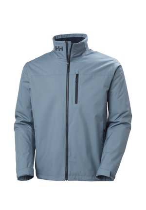 Giacca impermeabile da uomo azzurro chiaro con colletto alto, cerniera frontale, tasca con cerniera sul petto e logo HH sul colletto.