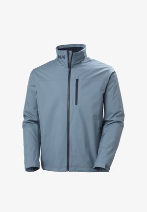 Giacca impermeabile da uomo azzurro chiaro con colletto alto, cerniera frontale, tasca con cerniera sul petto e logo HH sul colletto.