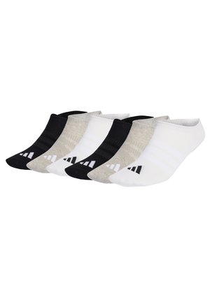 Set aus sechs unsichtbaren Socken in Schwarz, Grau und Weiß. Mit rippenstrukturierter Oberfläche, verstärkten Zehen und kontrastierenden Streifen.