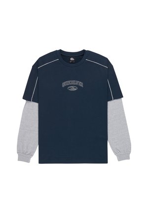 Marineblaues, langärmeliges, geschichtetes Hemd mit grauen Ärmeln und dem "Quiksilver"-Logo in der Mitte der Brust.