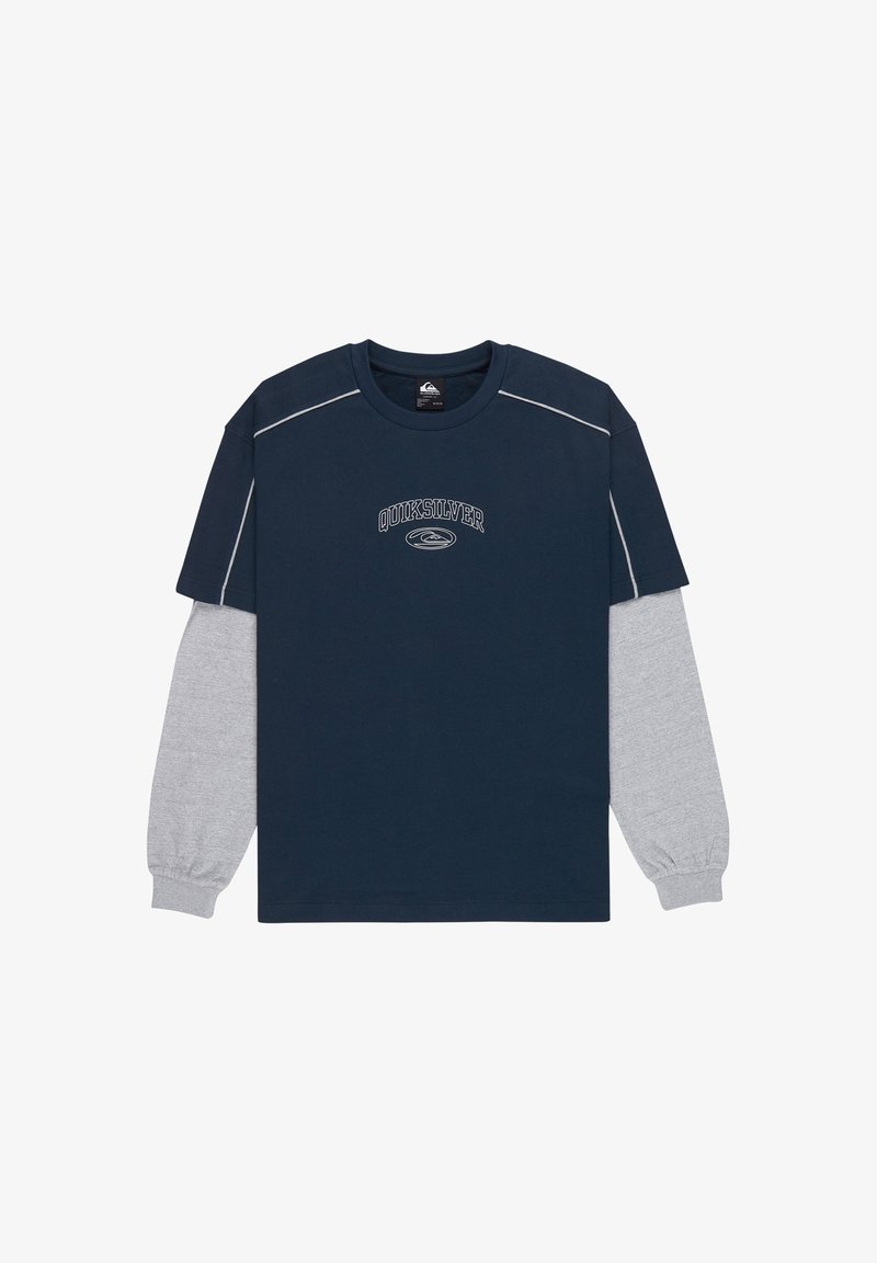 Μακρυμάνικο μπλουζάκι σε στρώσεις σε ναυτικό μπλε χρώμα με γκρι μανίκια και λογότυπο "Quiksilver" στο κέντρο του στήθους.