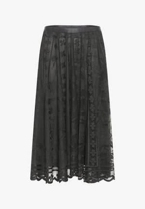 Svart spetskjol med blommönster, veckad design och scallopad nederkant. Slät midja med genomskinlig textur.