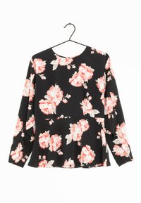 Schwarze Bluse mit floralem Muster und langen Ärmeln, die mit rosa und hellgrauen Rosenmotiven verziert ist, einem runden Ausschnitt und einer lockeren, ausgestellten Passform. Weicher Stoff.