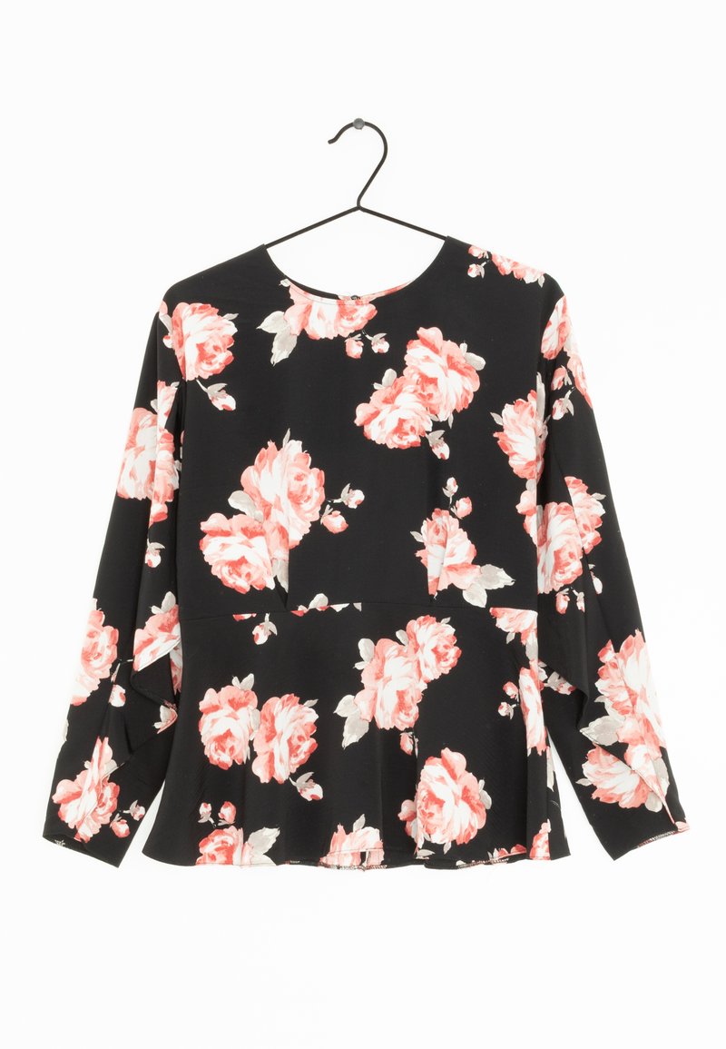 Schwarze Bluse mit floralem Muster und langen Ärmeln, die mit rosa und hellgrauen Rosenmotiven verziert ist, einem runden Ausschnitt und einer lockeren, ausgestellten Passform. Weicher Stoff.