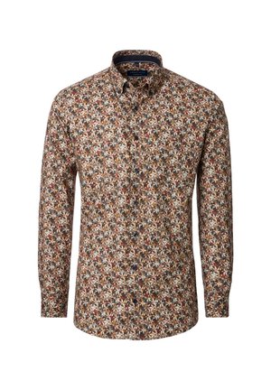 Mit einem mehrfarbigen Blumenmuster auf einem braunen Hintergrund. Lange Ärmel, Kragen und dunkle Knöpfe. Leichter Stoff.