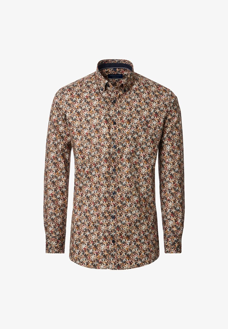 Button-up shirt featuring a multicolored floral pattern on a brown background. Long sleeves, collar, and dark buttons. Lightweight fabric.