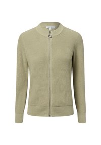 Lichtgroene gebreide cardigan met een ronde hals en lange mouwen. Voorzien van een zilveren rits en geribbelde manchetten en zoom.