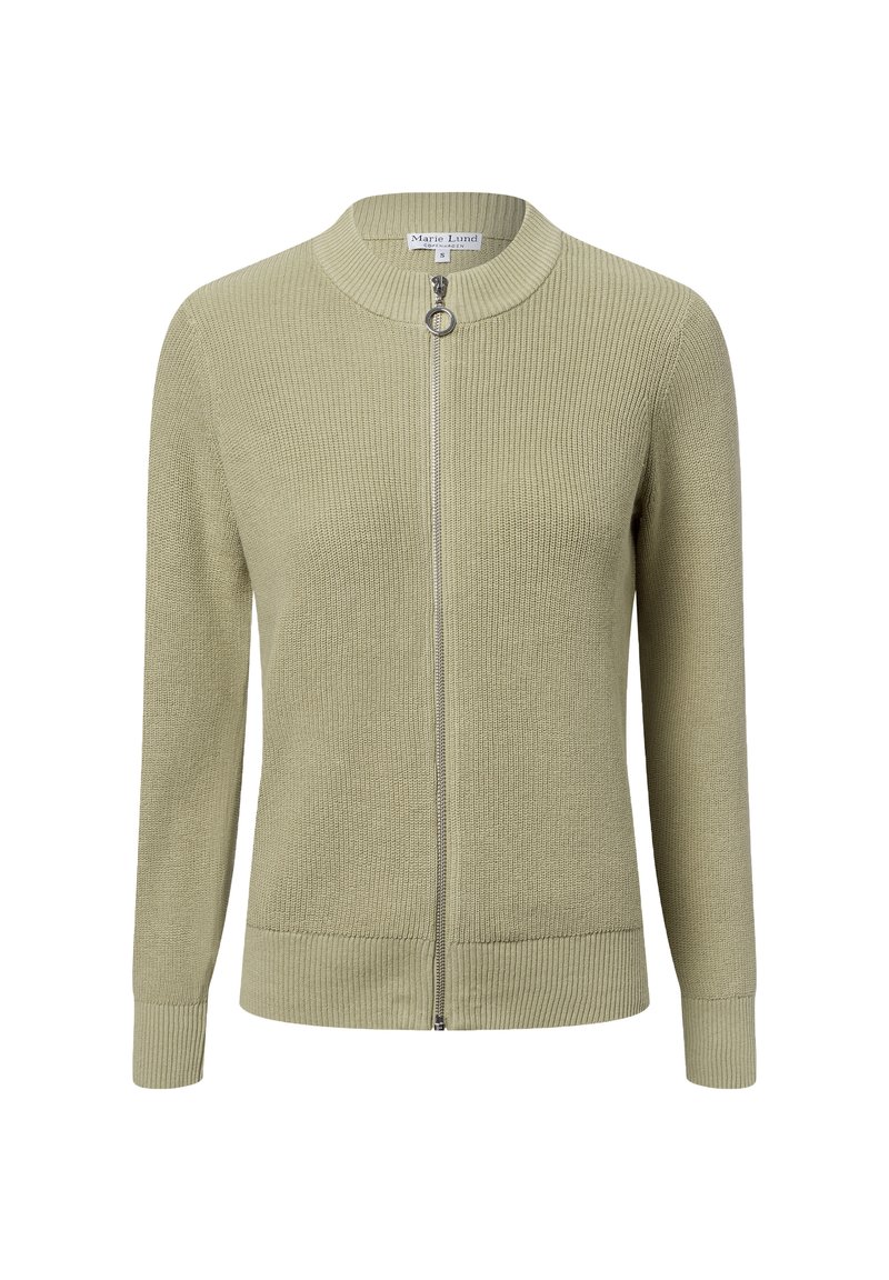 Lichtgroene gebreide cardigan met een ronde hals en lange mouwen. Voorzien van een zilveren rits en geribbelde manchetten en zoom.