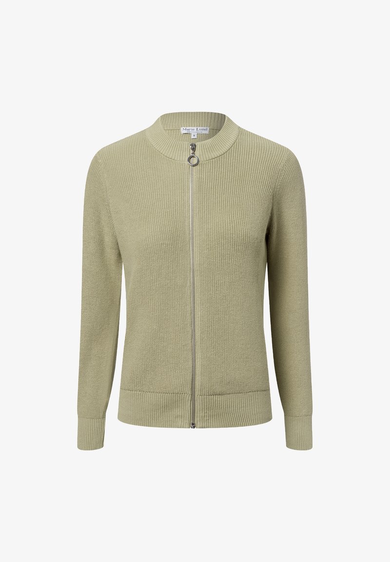 Hellgrüner Strickcardigan mit Rundhalsausschnitt und langen Ärmeln. Verfügt über einen silbernen Reißverschluss sowie gerippte Bündchen und Saum.