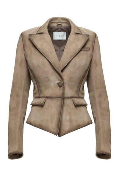 Beige suede blazer with a fitted design, pointed lapels, single button closure, and two front pockets. Smooth texture with subtle sheen.