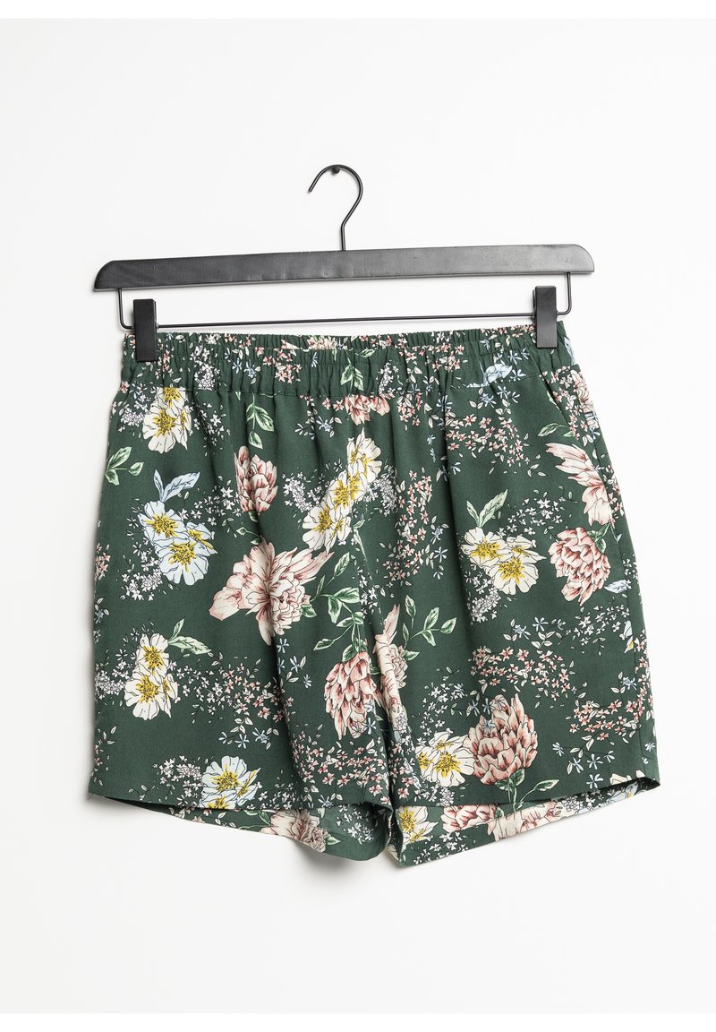 Kraťasy s květinovým vzorem na zeleném pozadí, s různými květinami v růžové, bílé a žluté barvě. Elastický pás, lehký materiál.