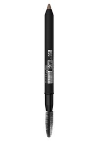 Matita per sopracciglia Tattoo di Maybelline con punta marrone, corpo nero e spazzolino alla fine per modellare. Texture liscia e punta angolata precisa.