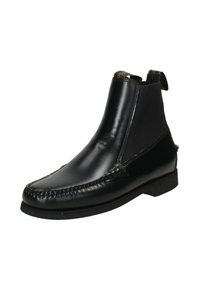 Stivaletti neri in pelle con pannelli laterali elasticizzati, punta in pelle cucita e una linguetta sul tallone per indossarli facilmente. Suola in gomma piatta.