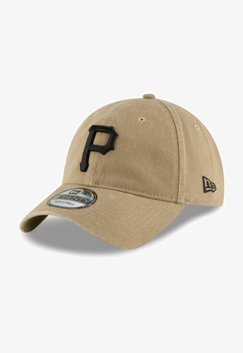 Khaki baseball cap with a black "P" embroidered logo on the front, featuring a curved visor and adjustable strap on the back.