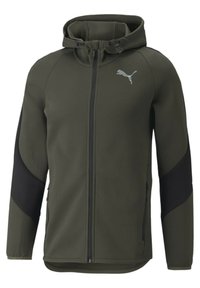 Olijfgroene hoodie met een voorzijde rits, kenguroe-pocket en zwarte accenten. Soepele textuur met een zilveren Puma-logo op de borst.