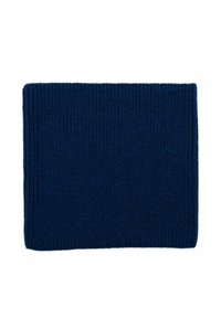 Fascia in maglione blu navy, texture a coste, forma rettangolare, realizzata in tessuto morbido, adatta per l'uso in climi freddi.