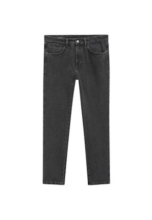 Jeans in denim nero con design a gamba dritta, cinque tasche e chiusura frontale con bottone in metallo e zip. Tessuto morbido e testurizzato.