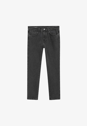 Zwarte jeans met een rechte pijpdesign, vijf zakken en een sluiting aan de voorkant met een metalen knop en rits. Zachte, gestructureerde stof.