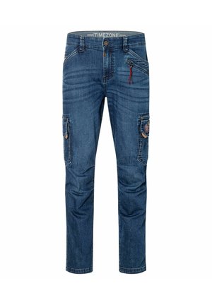 Dark blue denim cargo jeans with front zipper, button closure, multiple pockets including zippered and flap pockets, and stitched detailing.