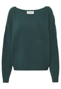 Grüner gestrickter Pullover mit weitem Bootsausschnitt, überschnittenen Schultern und langen Ärmeln. Weicher, strukturierter Stoff mit lockerem Schnitt.