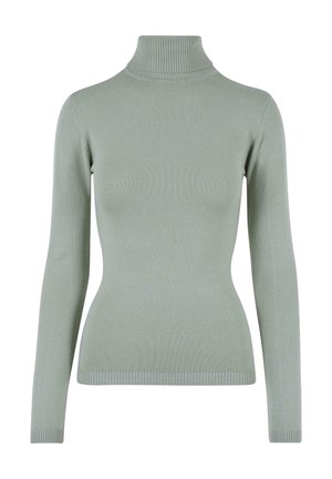 Pullover cu guler înalt de culoare verde deschis, confecționat dintr-un material cu bandă, având mâneci lungi și un design ajustat, cu tiv și manșete ribbed.