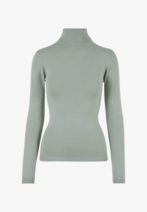 Pullover cu guler înalt de culoare verde deschis, confecționat dintr-un material cu bandă, având mâneci lungi și un design ajustat, cu tiv și manșete ribbed.