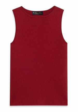 Top senza maniche in maglia a coste di colore rosso scuro con scollo rotondo e etichetta sul retro del colletto interno.