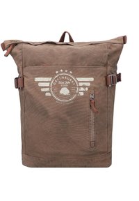 Brown canvas backpack with a roll-top design, featuring a logo print, adjustable straps, a front zip pocket, and leather accents.