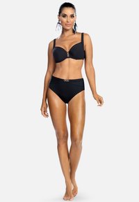 Czarny stanik bikini z fiszbinami i wysokim stanem. Posiada dwa złote okrągłe akcenty z przodu i w pasie. Gładka faktura.