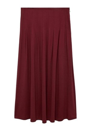 Maroon pleated midi skirt made from a soft fabric with a smooth texture, featuring an elastic waistband and a side zipper closure.