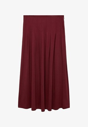 Gonna midi plissettata bordeaux realizzata in un tessuto morbido con una superficie liscia, dotata di una vita elasticizzata e di una chiusura con zip laterale.