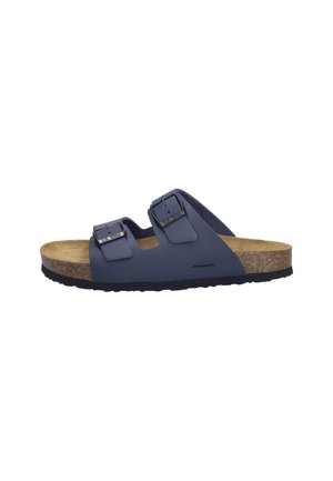 Marineblå sandal med to justerbare spænderemme, korkindlæg og sort gummisål vist fra siden.