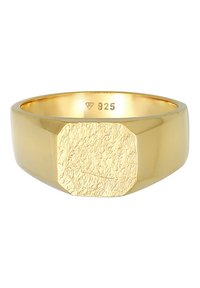 Gold-tone ring with a brushed, square top and smooth band. Marked "925" for sterling silver, showcasing a combination of textures.