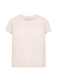 Jednoduché světle růžové tričko s krátkým rukávem a kulatým výstřihem, vystavené na bílém pozadí.