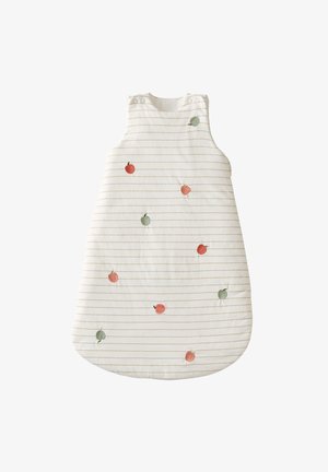 Weißer ärmelloser Schlafsack mit cremefarbenen Streifen, verziert mit applizierten grünen und roten Früchten. Weicher Stoff und runder Boden für zusätzlichen Komfort.