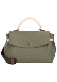 Borsa a tracolla verde oliva realizzata in pelle texturizzata, con una forma strutturata, hardware dorato e una tracolla staccabile marrone scuro.