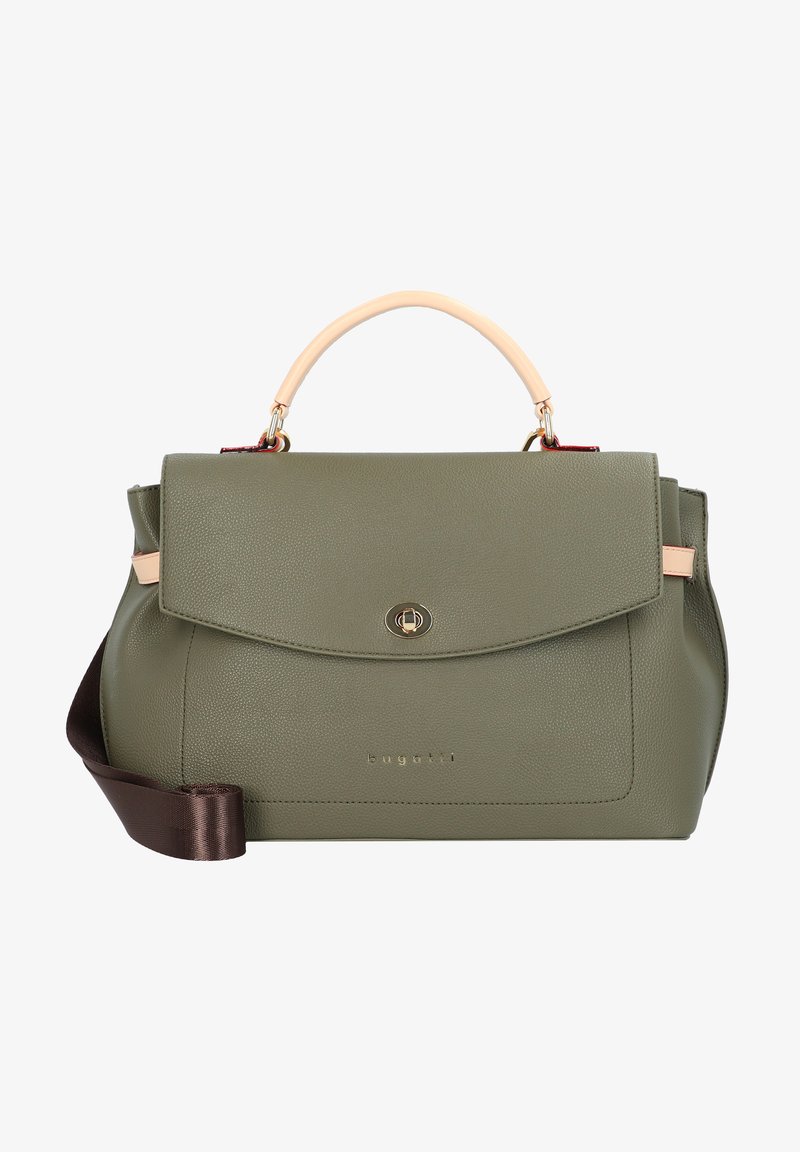 Olijfgroene handtas van gestructureerd leer, met een stevige vorm, gouden hardware en een afneembare donkerbruine schouderriem.