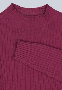 Bordeauxroter, gerippter Strickpullover mit hohem Kragen und langen Ärmeln, der durchgängig ein strukturiertes Muster und eine weiche Oberfläche aufweist.