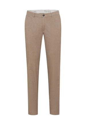 Pantaloni marroni con motivo, dal taglio slim, texture liscia, chiusura con un solo bottone e passanti per cintura in vita.