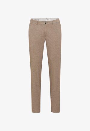 Pantaloni marroni con motivo, dal taglio slim, texture liscia, chiusura con un solo bottone e passanti per cintura in vita.