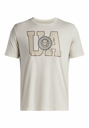 T-shirt in cotone beige chiaro con grafica "UA" in marrone scuro e accenti blu, con dettaglio a girocentro. Maniche corte.