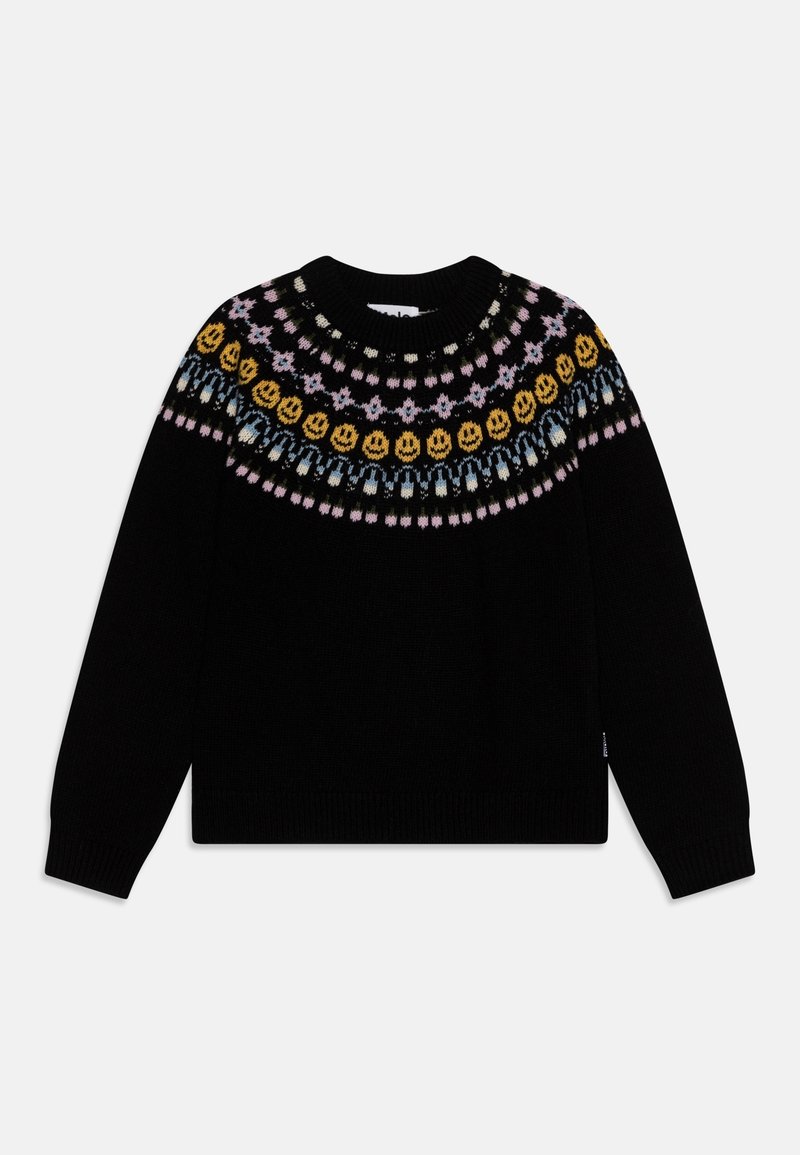 Pull en tricot noir avec un col rond et un empiècement coloré à motifs, présentant des visages souriants jaunes, des accents roses et bleus.
