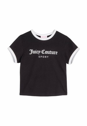 Schwarzes Baumwoll-T-Shirt mit weißem Saum am Kragen und an den Ärmeln. Mit dem Logo "Juicy Couture SPORT" in fettem weißen Text auf der Vorderseite.