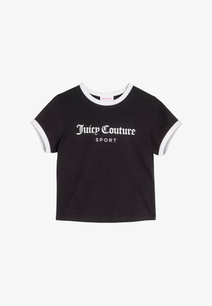 T-shirt di cotone nero con bordi bianchi su colletto e maniche. Presenta il logo "Juicy Couture SPORT" in grassetto bianco sulla parte anteriore.