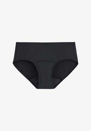 Černé hipsterské spodní prádlo vyrobené z hladkého materiálu. Vyznačuje se středně vysokým pasem, bezešvými okraji a plným pokrytím.