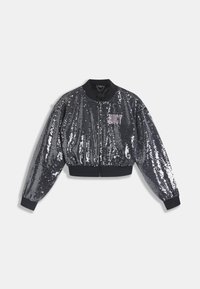 Fekete flitteres bomber dzseki cipzáras záródással, bordázott mandzsettákkal és gallérral. Elöl rózsaszín "JUICY" logóval. Csillogó textúra.