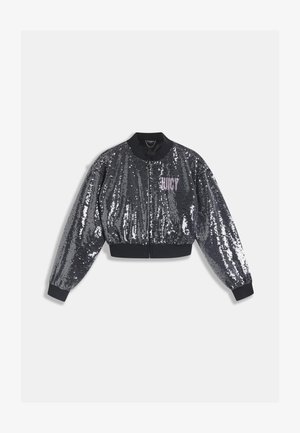 Czarna bomberka z cekinami, z zamkiem błyskawicznym, ściągaczami przy mankietach i kołnierzu. Na przodzie różowe logo "JUICY". Iskrząca się tekstura.
